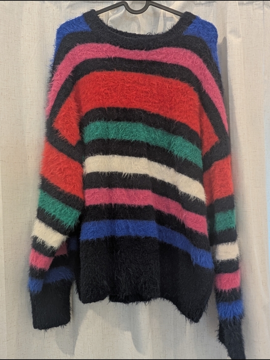Target Sweaters - Target Fuzzy Striped Crewneck Sweater in Black, Red, Pink, Green, Blue, Cream